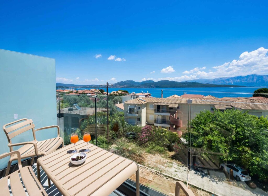 Balcony of Poseidon Maisonette near the beach in Lefkada.